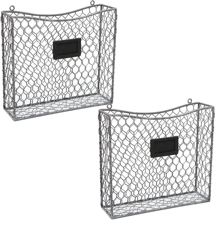 Set of 2 Wall Mounted Gray Metal Mesh Chicken Wire Magazine and File Holder Baskets with Chalkboard Labels-MyGift
