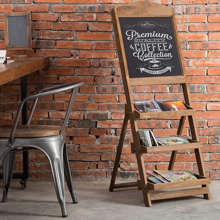 Rustic Burnt Wood Chalkboard Easel with 3-Tiered Display Shelves-MyGift