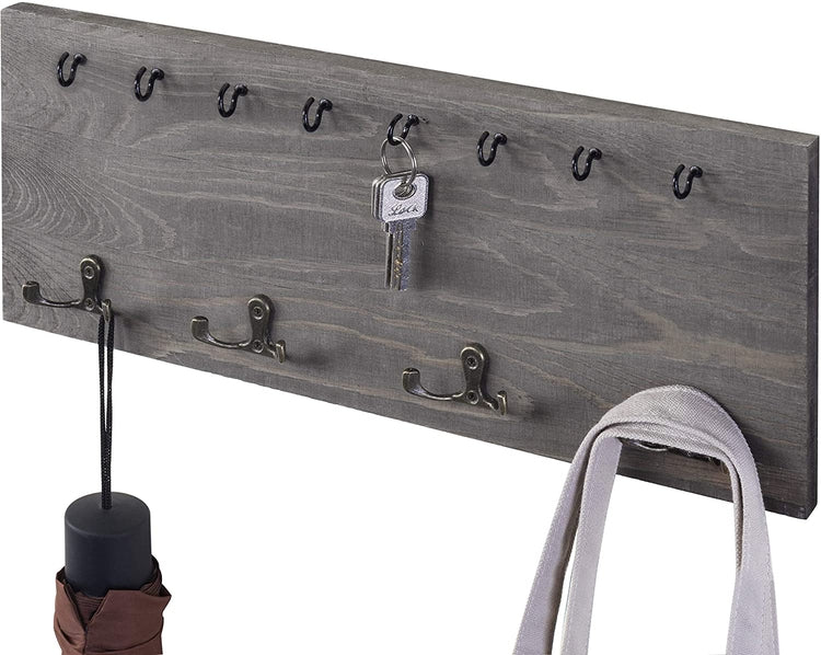 MyGift Vintage Grey Wood Wall Mounted Coat Hook & Key Holder Rack