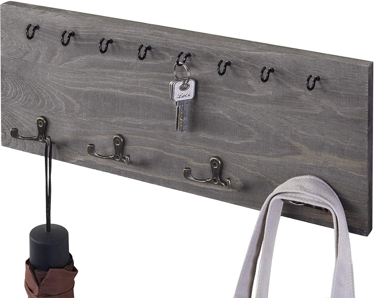 Vintage Grey Wood Wall Mounted Coat Hook & Key Holder Rack-MyGift