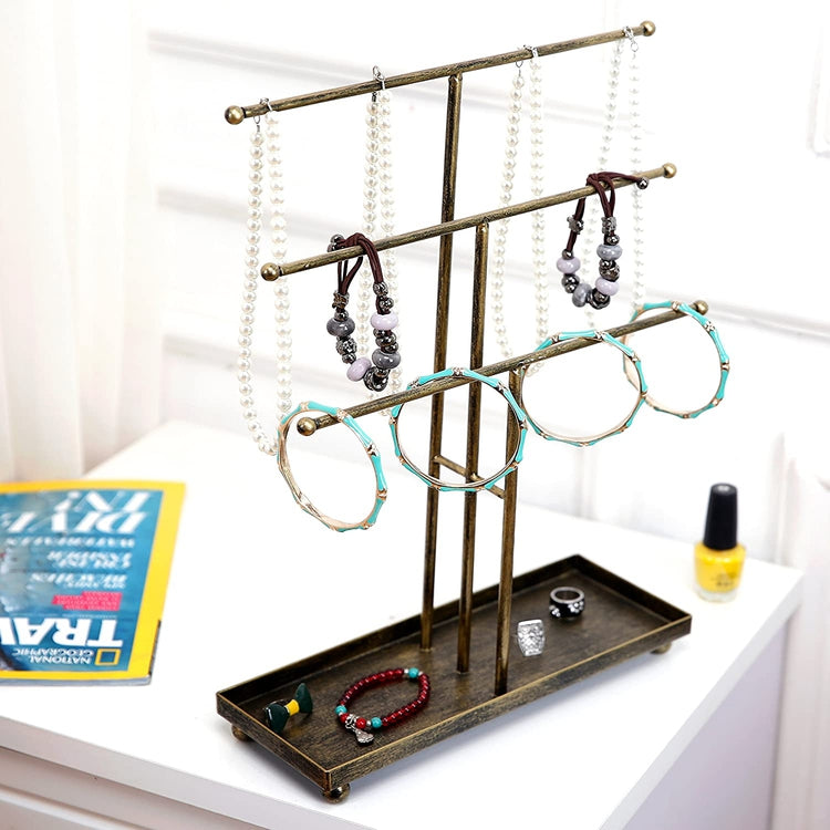 3 Tier Metal Rod Jewelry Display Stand in Antique Matte Brass Finish with Ring Tray-MyGift