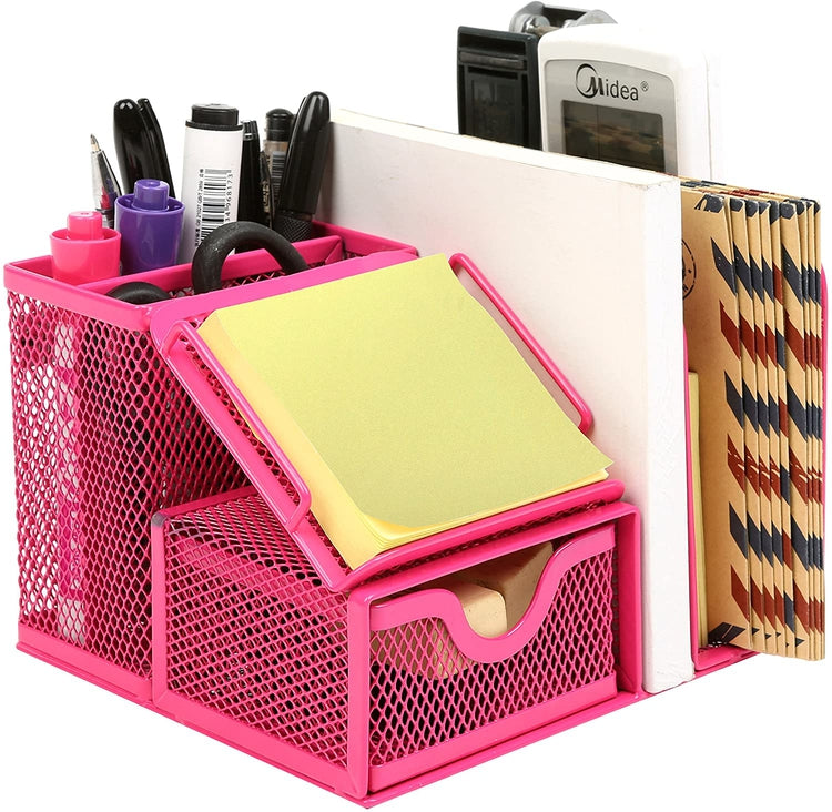 Magenta Metal Mesh Office Supply Storage Rack w/ Sticky Note Memo Pad Holder-MyGift