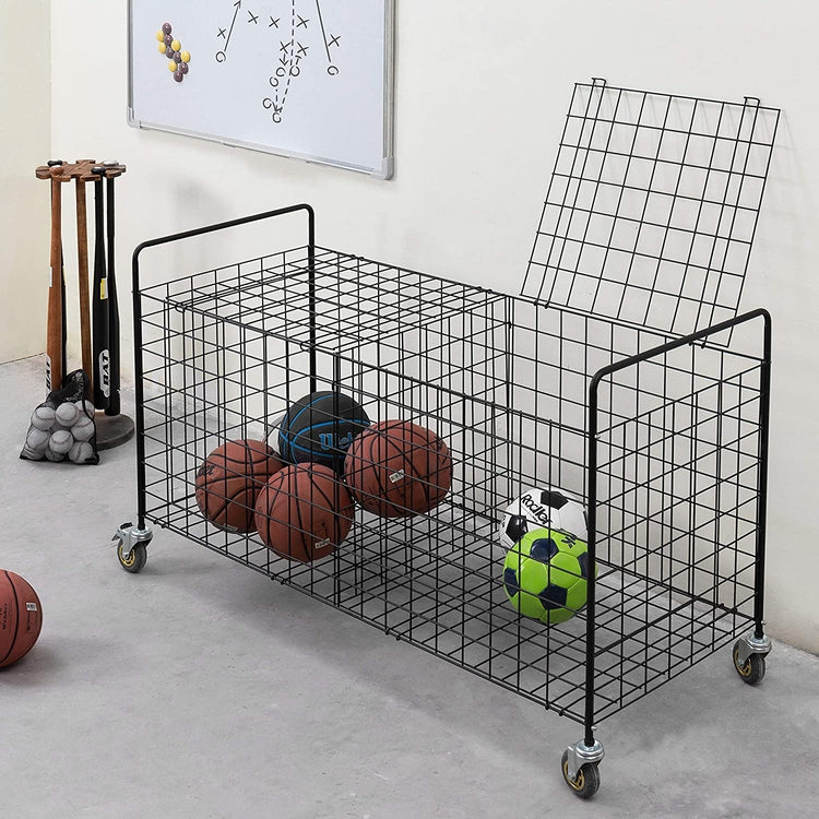 2-Compartment Black Metal Rolling Sports Ball & Gym Equipment Storage Cart-MyGift