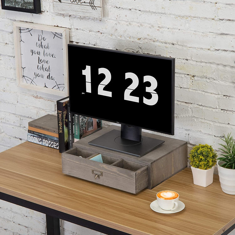Rustic Grey Wood Desktop Monitor Stand with Pull Out Storage Drawer-MyGift