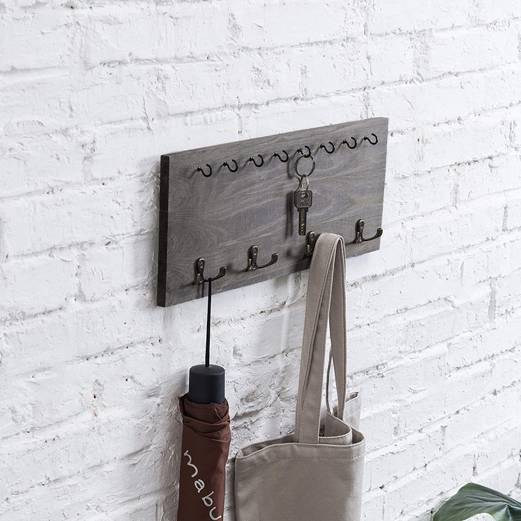 MyGift Vintage Grey Wood Wall Mounted Coat Hook & Key Holder Rack