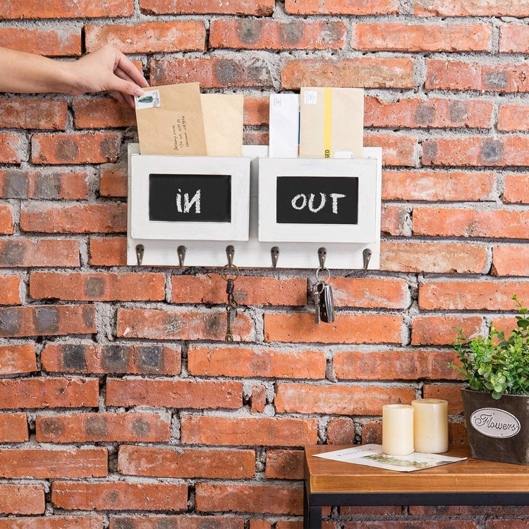 2-Slot White Wood Wall Mounted Mail Holder with 6 Key Hooks & Chalkboard Labels-MyGift