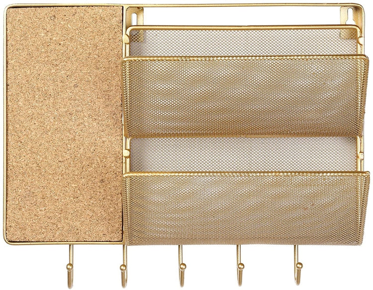 Gold Metal Mesh Entryway Wall Storage Organizer Rack with 2 Mail Sorters, 5 Key Hooks and Cork Board-MyGift