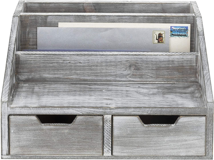 Gray Whitewashed Wood Desktop Document & Mail Organizer with 2 Slide-Out Drawers-MyGift