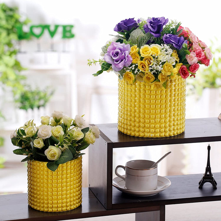 Set of 2 Yellow Ceramic Hobnail Textured Vintage Style Succulent Planters Flower Pots-MyGift