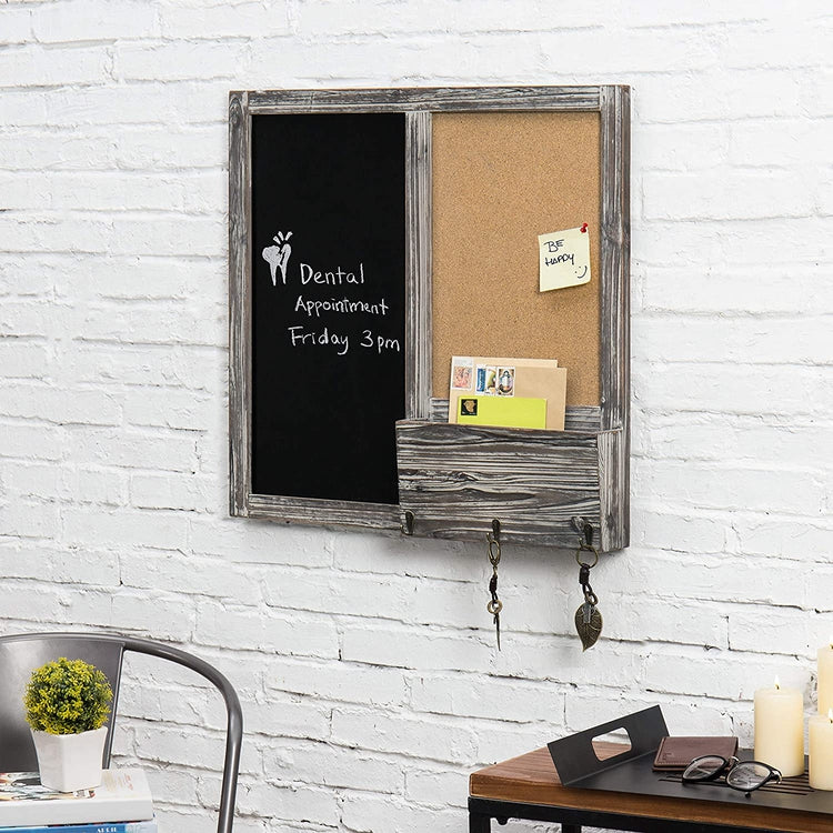 Torched Wood Chalkboard and Corkboard Wall Mounted Message Board with Mail Holder and Key Hooks-MyGift