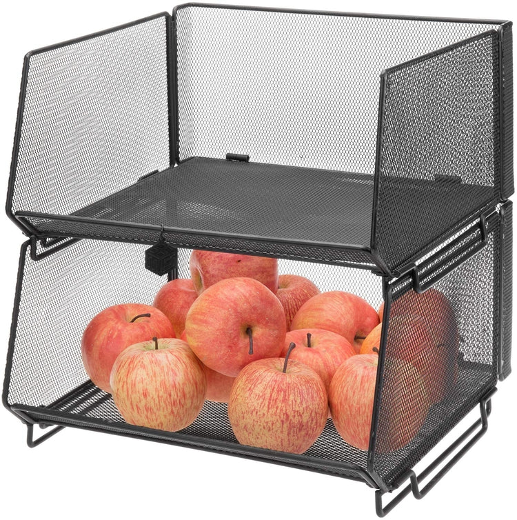 Set of 2, Deluxe Stackable Metal Wire Mesh Fruit & Produce Basket Rack, Kitchen Stacking Storage Bin-MyGift
