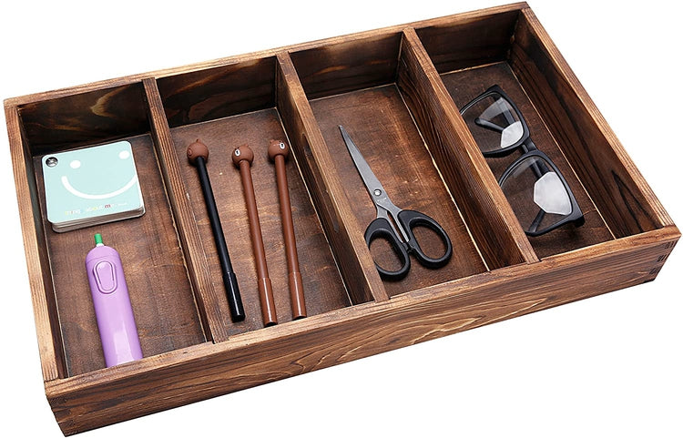 4 Slot Torched Wood Supply Organizer, Kitchen Utensil Cutlery Tray with Carrying Handle-MyGift
