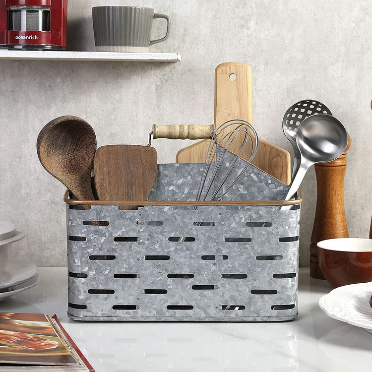 Galvanized Silver Metal Utensil Caddy with Copper Tone Edges & Wood Handle-MyGift