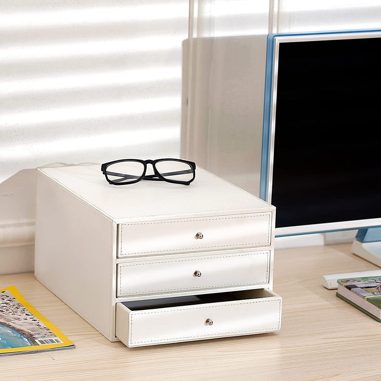 Executive 3-Drawer White Leatherette Office Filing Cabinet, Leatherette Jewelry Box-MyGift
