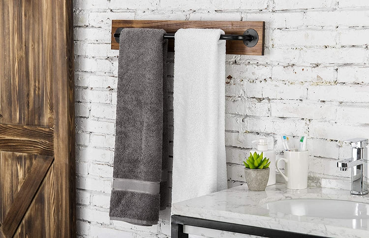 Rustic Wood and Industrial Black Metal Wall Mounted Towel Bar, Hanging Rod Unit For Holding Modular Storage Racks-MyGift