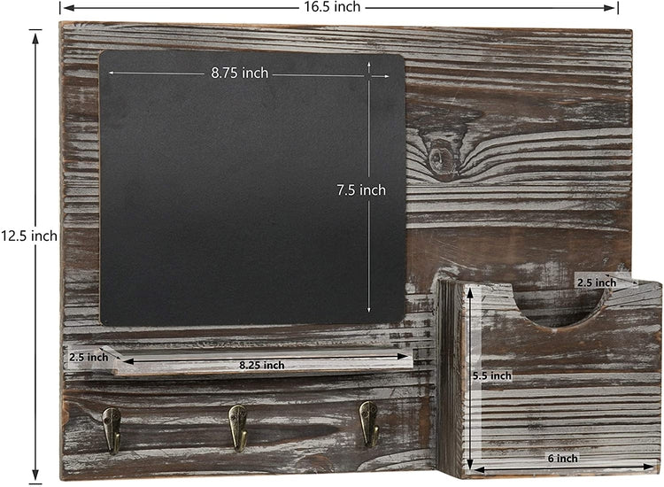 Rustic Torched Wood Wall Mounted Massage Board Organizer with Key Hooks and Chalkboard, Entryway Organizer or Mail Sorter-MyGift