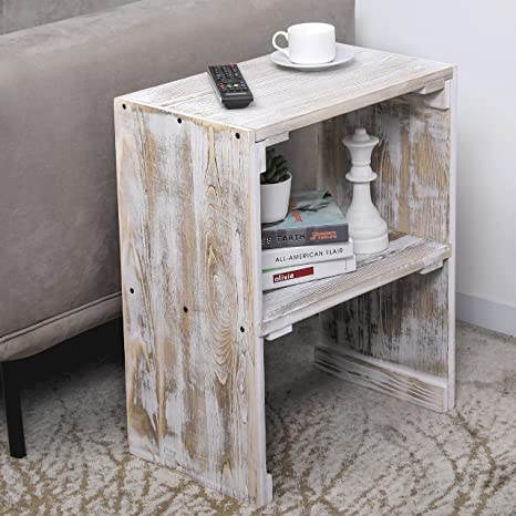 End Table with Storage Shelf, Farmhouse Whitewashed Wood Home Decor Side Table-MyGift
