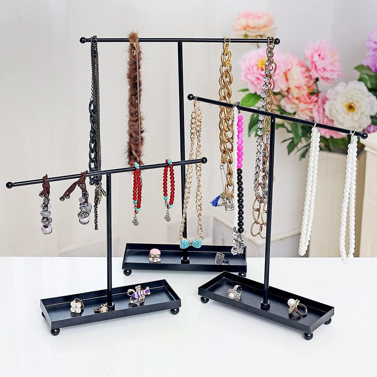 Set of 3 Modern Black Metal Jewelry Display Tree Rack with Ring Tray, Tabletop Bracelet and Necklace Organizer-MyGift
