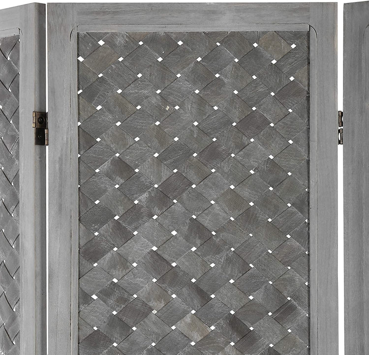 3-Panel Distressed Grey Woven Wood-Framed Dual-Hinged Room Divider-MyGift