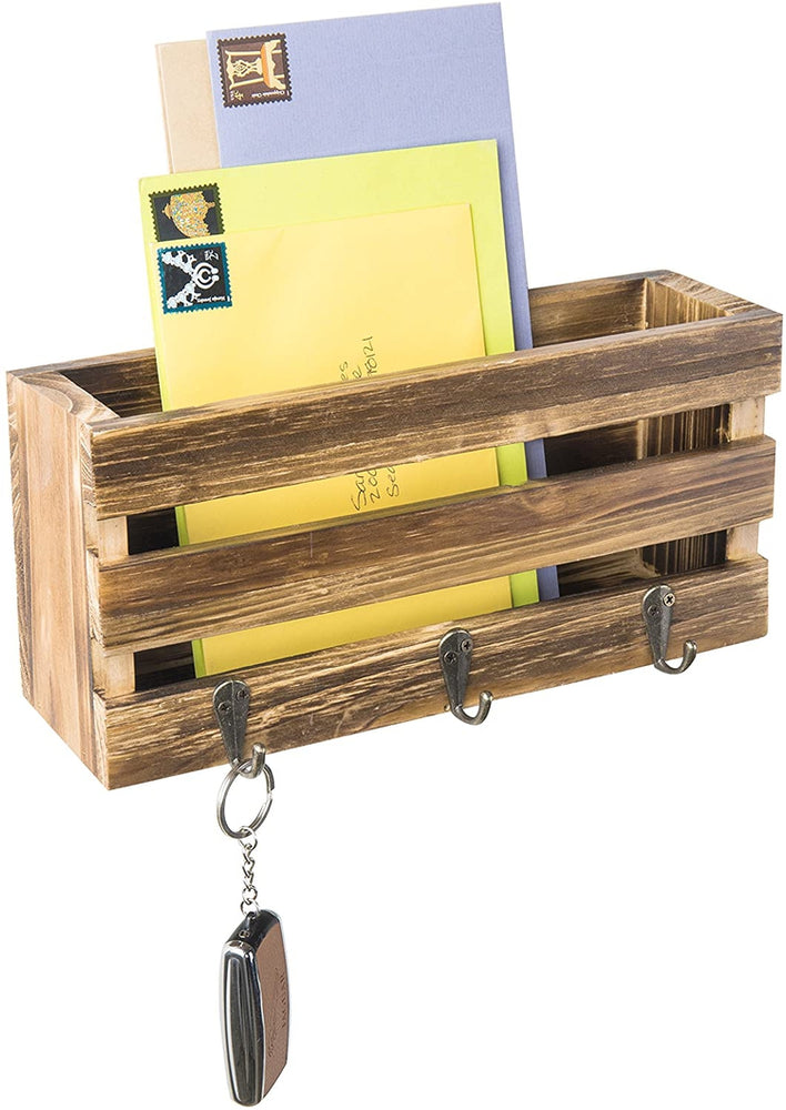Rustic Brown Wood Pallet-Style Mail Sorter Rack w/ Key Hooks-MyGift