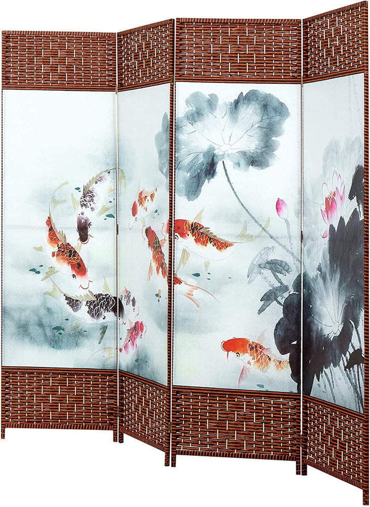 4 Panel Asian Koi Fish & Lotus Pond Woven Wood Room Divider-MyGift
