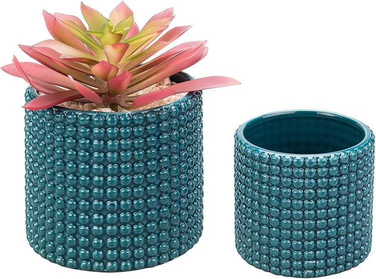 Set of 2, Dark Turquoise Ceramic Hobnail Textured Flower Planter Pots-MyGift