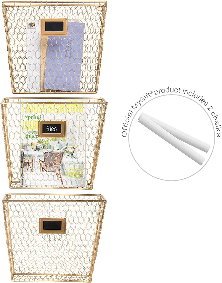Set of 3 Gold-Tone Metal Wall-Mounted Chicken Wire Magazine & File Folder Baskets-MyGift