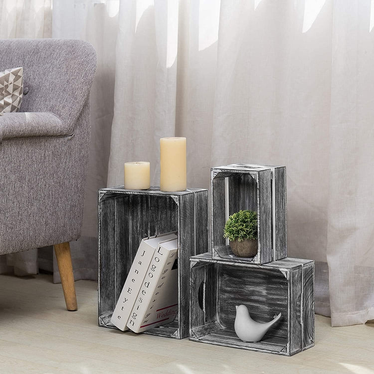 Set of 3 Vintage Nesting Storage Box in Distressed Gray Wood Accent Crates-MyGift