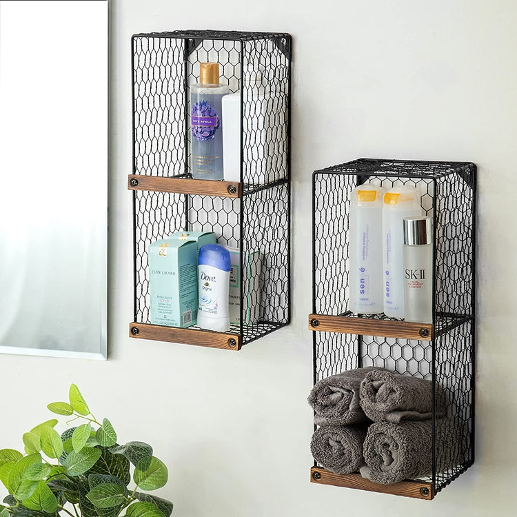 Set of 2, 2-Tier Black Chicken Wire Metal Hanging Wall Shelves for Storage with Wood Ledges, Freestanding Basket Bins-MyGift