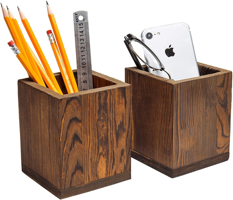 Set of 2, Natural Wood Desktop Pen & Pencil Holder Cups, Brown Office Supplies Organizer-MyGift