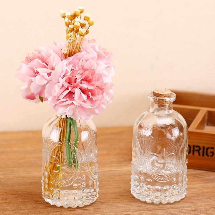 Set of 4, Vintage Embossed Fleur De Lis Glass Bottles with Cork Lid, Apothecary Clear Flower Vases-MyGift