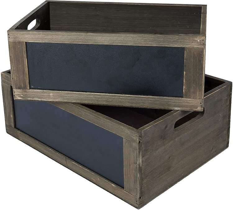 Set of 2 Rustic Brown Wood Nesting Storage Crates with Chalkboard Front Panel and Cutout Handles-MyGift
