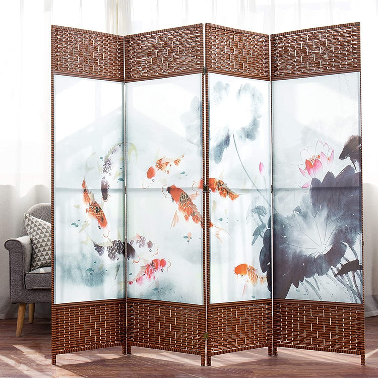 4 Panel Asian Koi Fish & Lotus Pond Woven Wood Room Divider-MyGift