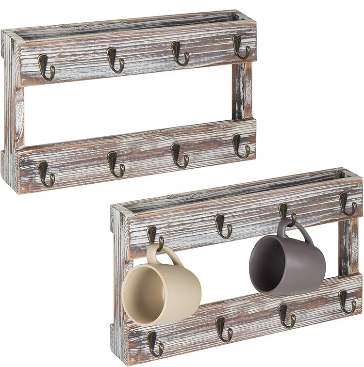Set of 2 Wall Mounted Torched Wood Finish Coffee Mug Hanging Racks with 8 Hooks-MyGift