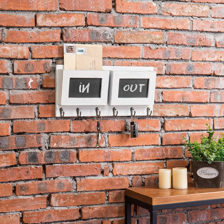 2-Slot White Wood Wall Mounted Mail Holder with 6 Key Hooks & Chalkboard Labels-MyGift