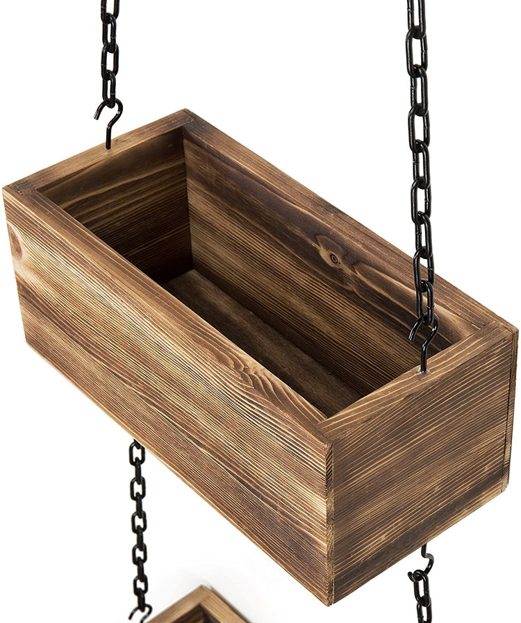 3-Tier Rustic Wood Hanging Planter Boxes with Black Chains-MyGift