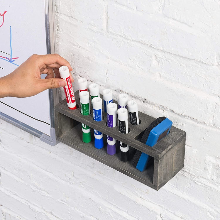Gray Wood 10 Slot Wall Mounted Dry Erase Marker & Eraser Holder, Storage Organizer-MyGift