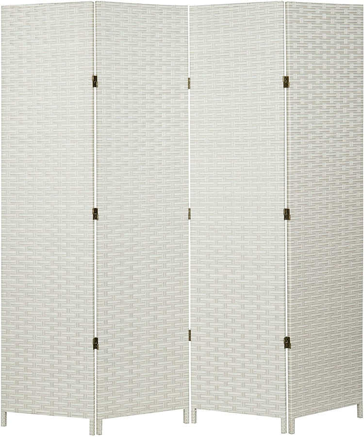 White Folding Wood Room Divider, Standing 4-Panel Woven Privacy Screen-MyGift