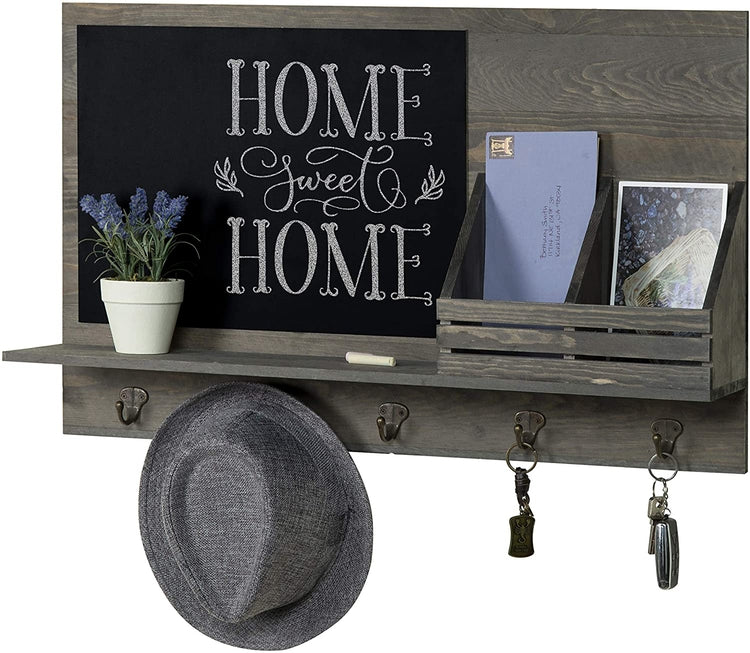 Rustic Gray Wood Wall Mounted Entryway Organizer Station Mail Sorter, Key Hooks and Chalkboard-MyGift