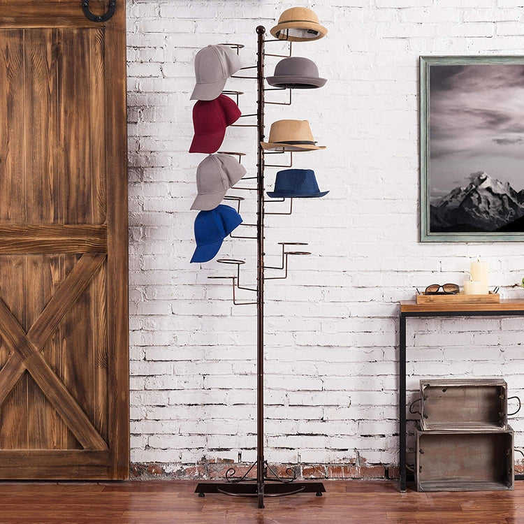 Dark Brown Metal Freestanding Retail Display Stand with 20 Circular Hooks for Hats and Wigs-MyGift