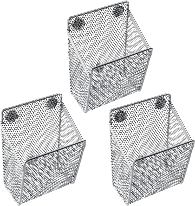 Set of 3, Silver Wire Mesh Magnetic Storage Baskets, Office Supply Organizers-MyGift