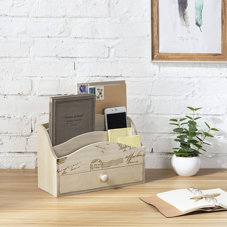 Postcard Design Whitewashed Wood Desktop Mail Holder with Drawer-MyGift