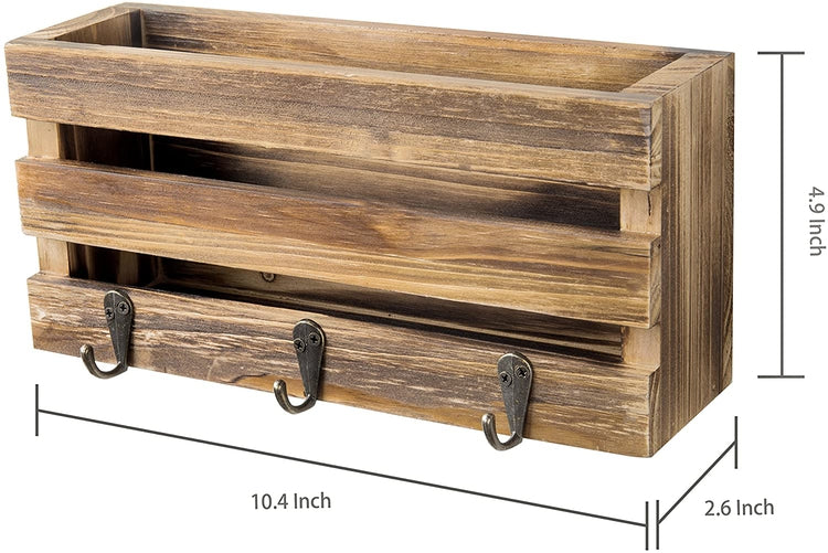 Rustic Brown Wood Pallet-Style Mail Sorter Rack w/ Key Hooks-MyGift