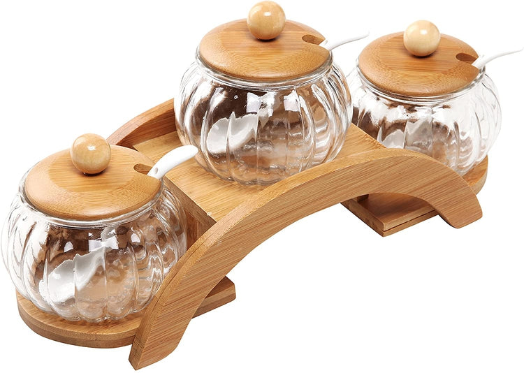 Set of 3, 16 oz Round Glass Jars with Ceramic Serving Spoons & Tiered Wood Display Rack-MyGift