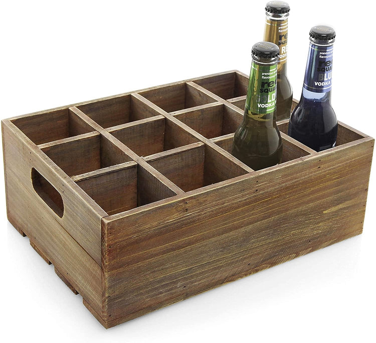 Rustic 12 Slot Beer Bottle Serving Crate, Brown Wood Beer Storage Box with Carrying Handles-MyGift