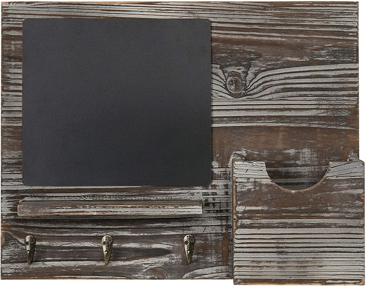 Rustic Torched Wood Wall Mounted Massage Board Organizer with Key Hooks and Chalkboard, Entryway Organizer or Mail Sorter-MyGift