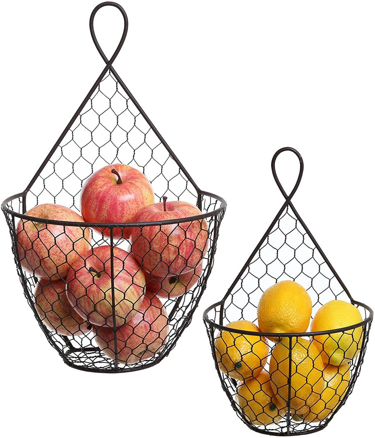 Set of 2, Brown Chicken Wire Wall Mounted Metal Baskets, Hanging Display Holders-MyGift