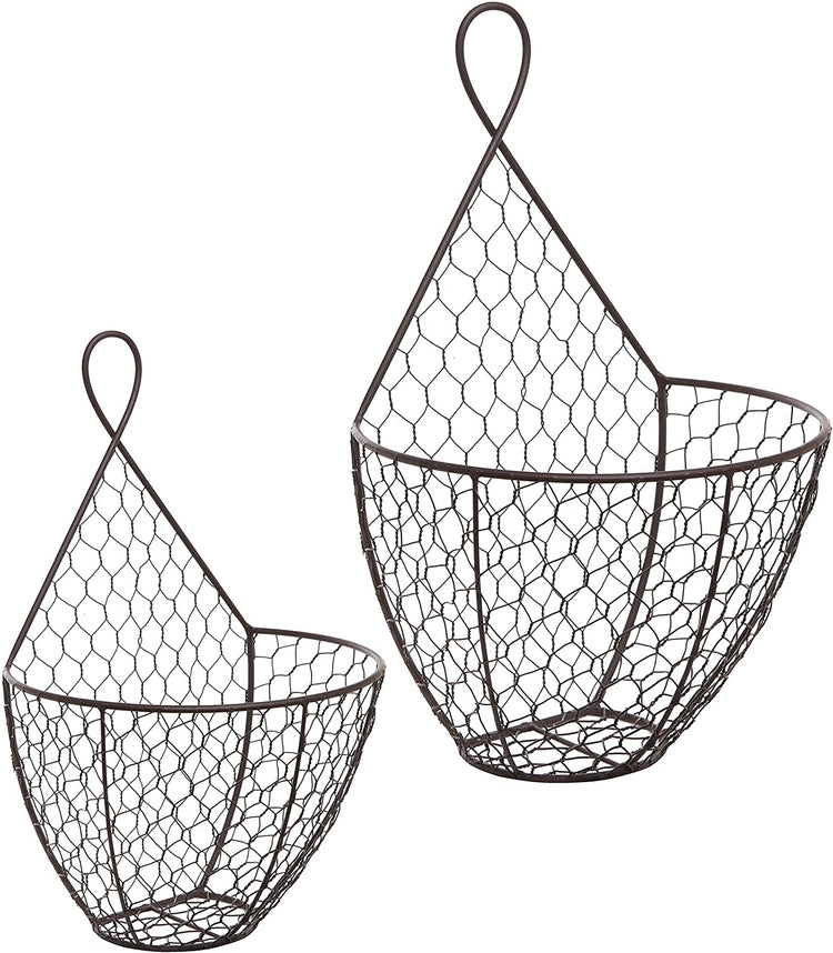 Set of 2, Brown Chicken Wire Wall Mounted Metal Baskets, Hanging Display Holders-MyGift