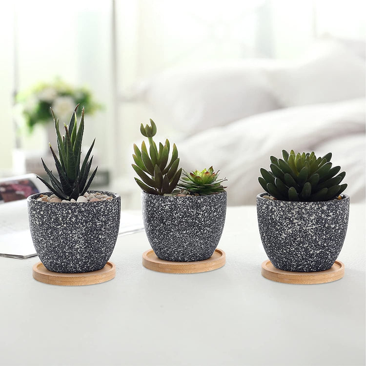 Set of 3 Dark Gray Small Speckled Glaze Succulent Planter Flower Pot with Bamboo Saucers-MyGift