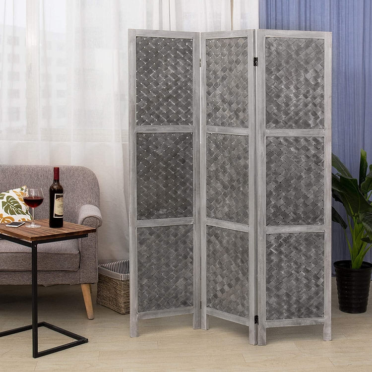 3-Panel Distressed Grey Woven Wood-Framed Dual-Hinged Room Divider-MyGift
